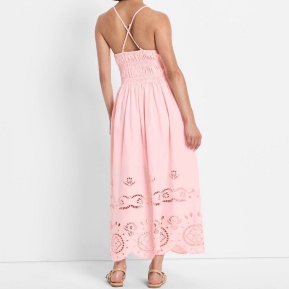 NWT Future Collective Light Pink Scalloped Eyelet Maxi A-Line Dress, Smocked - Picture 2 of 15